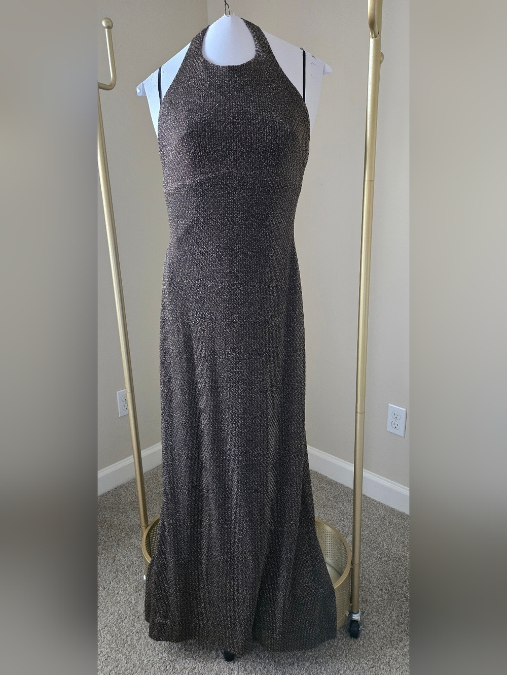 Halter Metallic Maxi Dress in Charcoal Sparkle